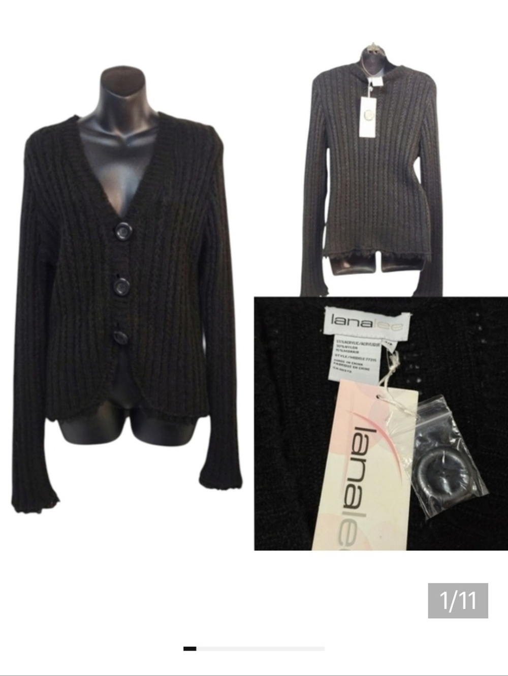 Lana Lee Womens Size S/p Black knit V-Neck Sweater Cardigan Button Soft Cozy NWT